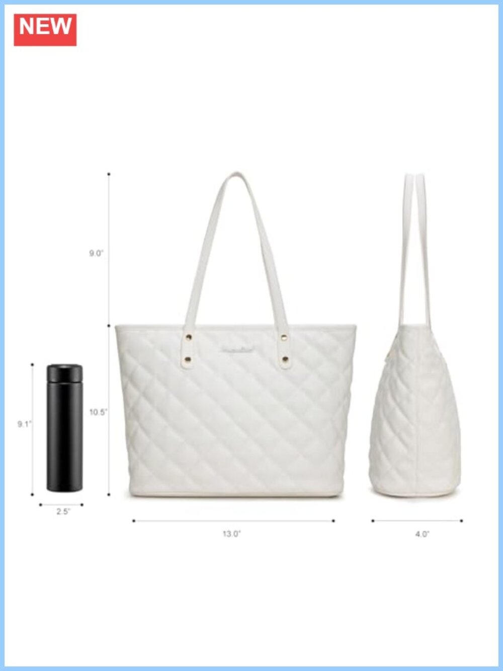 Quilted Vegan Leather Tote Bag Top Zipper Shoulder Handbag - Picture 4 of 6